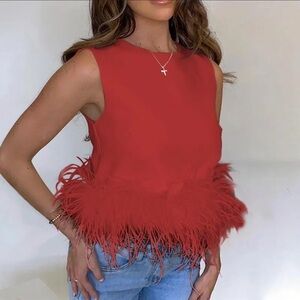 Elegant Red Feather Trim Top